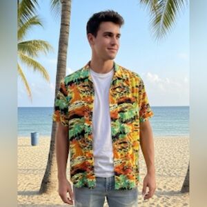 Roundy Bay Mens M Hawaiian‎ Print Camp Shirt Brown Yellow Orange Geometric EUC